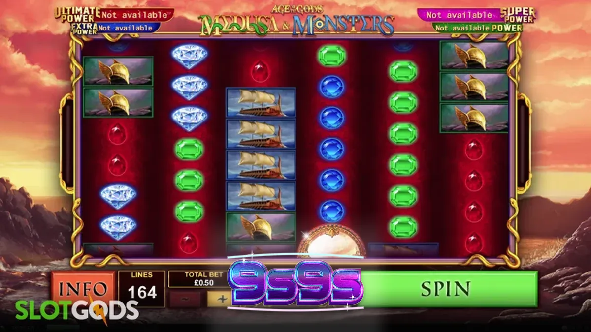 Tampilan visual slot Age of the Gods: Medusa & Monsters dengan latar belakang pantai.