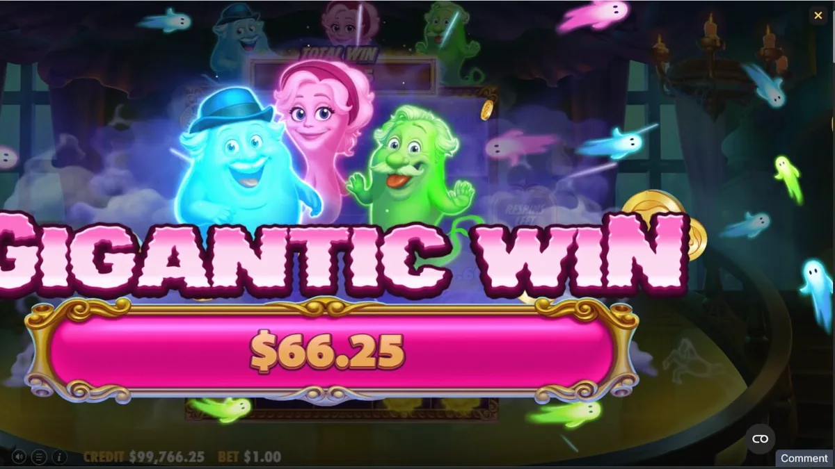 Tampilan visual slot Great Ghosts dengan tema rumah hantu kartun